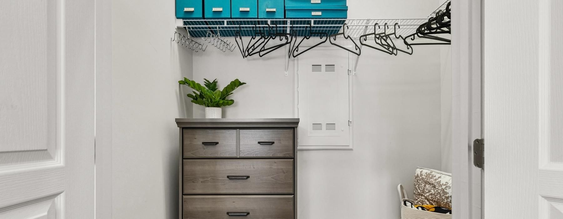 a closet with a dresser