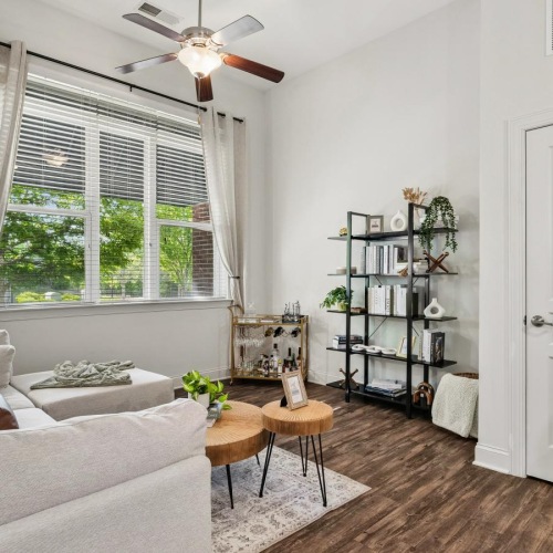 a living room with a white door