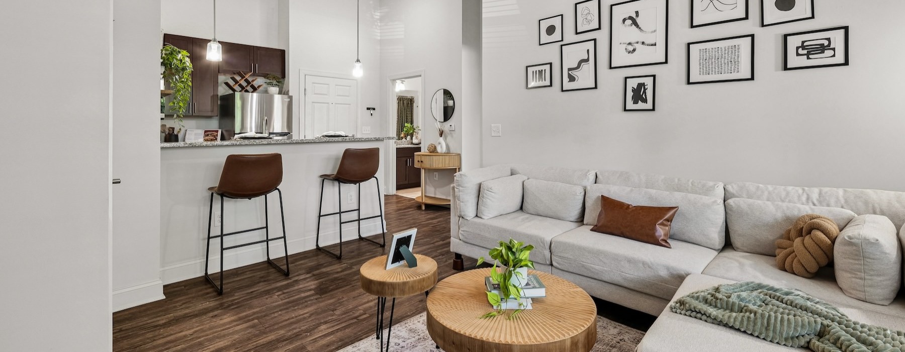 a living room with a couch and a table